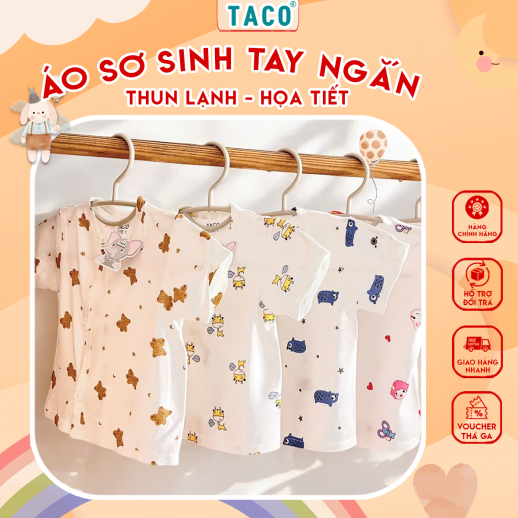 Áo Sơ Sinh Tay Ngắn Thun Lạnh Họa Tiết Nhí Cho Bé Trai Bé Gái | Mát – Mềm – Co Giãn - Size 2kg-9kg Bền Đẹp